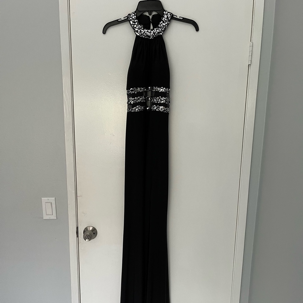 Gray and silver open back maxi dress